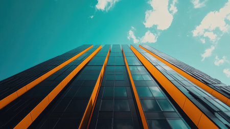 Experience a captivating view of a modern building in Tal, showcasing striking orange accents against a blue sky with fluffy clouds. An inspiring architectural design.の素材