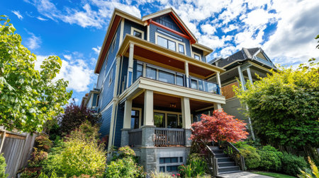 This stunning three-story duplex offers luxurious living in a vibrant downtown setting, featuring modern architecture, beautiful landscaping, and a welcoming entrance.の素材