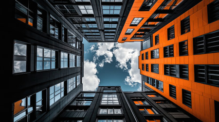 Explore an inspiring perspective of a modern building in an urban setting. This unique view captures the vibrant contrast of orange and black walls against a colorful sky.の素材