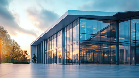 A vibrant 3D render of a modern office building showcasing innovative design and a sleek glass facade, set against a colorful sunset landscape.の素材