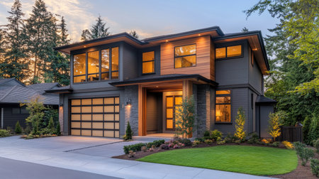 A stunning modern two-story house features a sleek gray exterior, surrounded by beautiful landscaping and illuminated by warm evening light.の素材