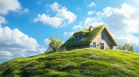A stunning Nordic house designed with natural materials, blending harmoniously into the lush green landscape, showcasing eco-friendly architecture amidst a serene environment.の素材