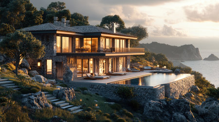 Discover an elegant 3D illustration of a beachfront villa, showcasing luxury architecture against a stunning ocean backdrop, perfect for vacation inspiration.の素材