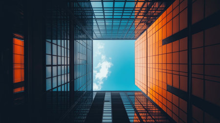 Discover a unique perspective of modern architecture in Tallinn showcasing vibrant colors and intricate glass designs against a bright sky.の素材