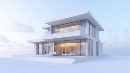 Discover a stylish 3D rendering of a modern two-story house, showcasing clean lines, large windows, and an elegant design that blends with the serene environment.の素材