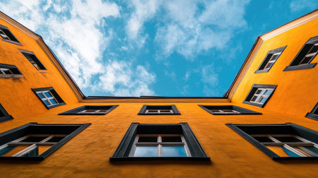 Captivating view of a tall orange building in Tallinn, showcasing a unique perspective and vibrant sky. A perfect blend of architecture and color.の素材
