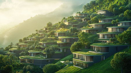 A breathtaking view of modern luxury homes nestled on a lush hillside, featuring innovative architecture that harmonizes with the surrounding natural landscape.の素材