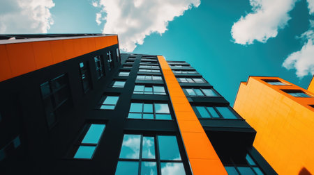 A vibrant contemporary building in Tallin showcases modern architecture with striking orange and black colors under a bright blue sky with clouds.の素材