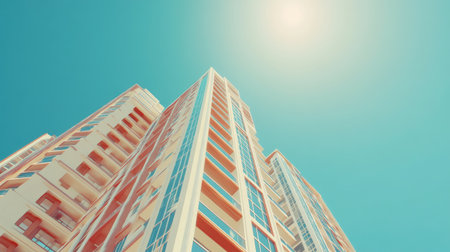 This vibrant 3D render showcases a beautiful high-rise building against a clear blue sky, highlighting its modern architecture and striking design.の素材