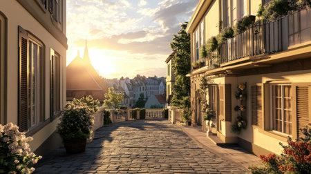 A stunning 3D rendering of a sunlit duplex apartment, showcasing a scenic outdoor view during sunset. The charming architecture and vibrant nature create a serene atmosphere.の素材