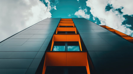 A vibrant view of a contemporary building in Tallin showcasing modern architecture, striking orange accents, and a clear sky. Perfect for urban design themes.の素材