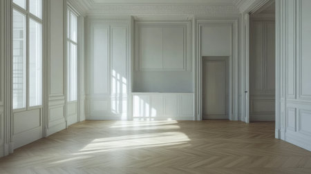 A chic and empty room showcasing a kitchen corner, filled with natural light and elegant design elements. Ideal for modern interior inspirations.の素材