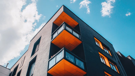 A striking modern building featuring bold orange accents against a blue sky, showcasing contemporary architectural design with unique balconies and geometry.の素材