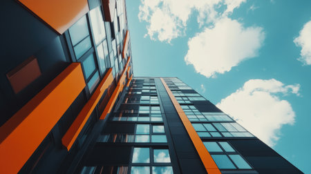 Captivating perspective of a contemporary building featuring vibrant orange accents against a bright blue sky, showcasing modern architecture in urban design.の素材