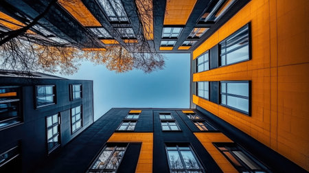 A stunning perspective view of modern building architecture in Tallinn, highlighting vibrant colors and dynamic sunlight. Ideal for urban design projects.の素材