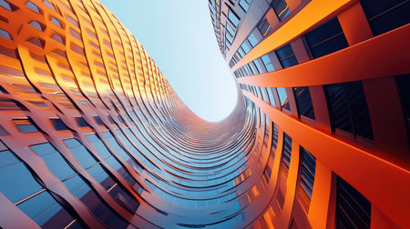 A stunning 3D render showcasing a modern skyscraper with unique, flowing lines and vibrant colors, offering a fresh perspective on urban architecture.の素材