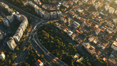 Stunning aerial view showcasing a vibrant residential area with modern architecture, lush greenery, and winding roads, capturing the essence of urban living and design.の素材