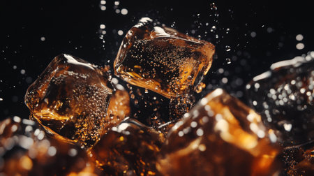 A close-up of iced coffee with ice cubes, creating a bold visual contrast against the black background, highlighting the richness of the drink.の素材