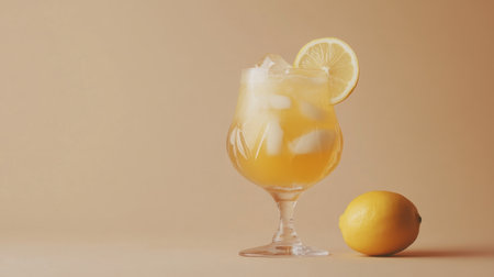 A cold and refreshing Long Island iced tea with a lemon garnish, captured in a glass and placed on a light beige background, ideal for a relaxed vibe.の素材