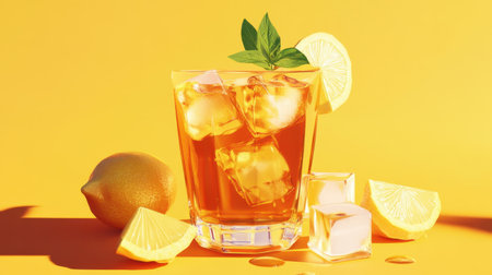 A chilled glass of iced tea with lemon wedges, ice cubes, and a sprig of mint, placed on a bold yellow backdrop.の素材