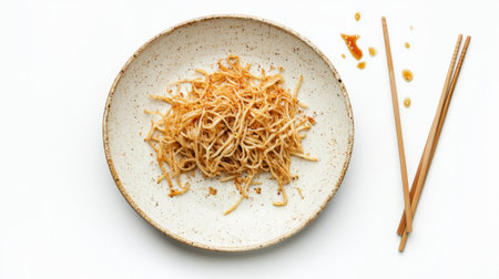 A dirty plate with fried noodles and chopsticks beside it, isolated on a white background, capturing the end of a meal.の素材