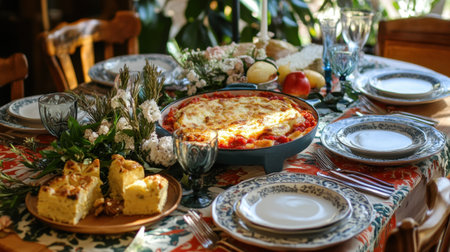 A colorful table setting with European delicacies like Spanish tortilla, Greek moussaka, and French pastries, perfect for a feast.の素材