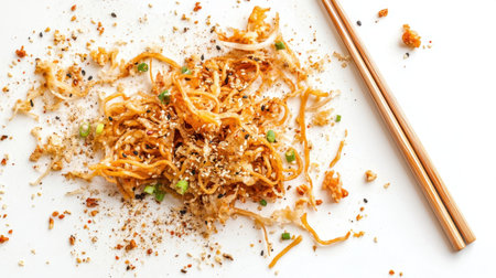 A close-up of a dirty dish with fried noodle remnants, with chopsticks left on the side, isolated on a white background.の素材