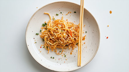 A dirty plate with fried noodle scraps and chopsticks, isolated on a white background, highlighting the remnants of a meal.の素材