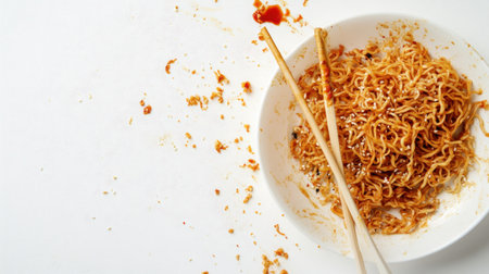 A dirty dish with fried noodles and chopsticks, with bits of food left behind, isolated on a clean white surface, perfect for food-related imagery.の素材