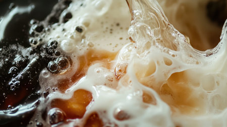 A close-up of Thai iced tea with milk poured over the Ceylon black tea, sugar, and ice, showing its creamy and rich texture.の素材