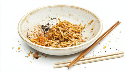 A dirty dish with leftovers from fried noodles, with chopsticks lying beside, isolated on a white background after dining.の素材