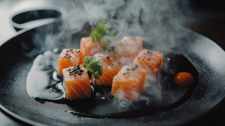 A close-up of premium salmon sashimi pieces on a black plate, with subtle garnishes and a small bowl of soy sauce in the frame.の素材