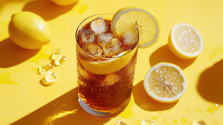 A chilled glass of iced tea with fresh lemon slices and ice cubes, styled on a vibrant yellow surface with lemon wedges beside it.の素材