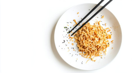 A dirty plate with traces of fried noodles and chopsticks left behind, isolated on a white background, capturing the aftermath of a meal.の素材
