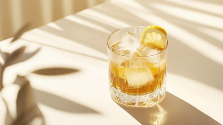A chilled glass of Long Island iced tea with a lemon wedge and ice cubes, surrounded by a neutral light beige background for a soft, summery look.の素材