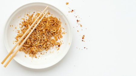 A dirty dish with bits of fried noodles and chopsticks placed next to it, isolated on a clean white background after eating.の素材