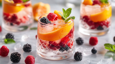 A classic cocktail with a modern twist, featuring a beautiful presentation with garnished fruit, served on National Cocktail Day.の素材