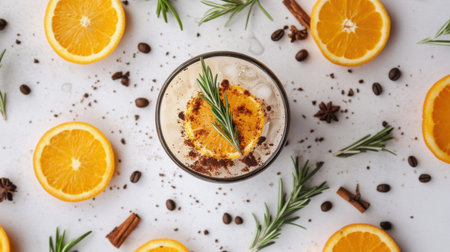 A chilled iced Americano with citrus layers, decorated with rosemary and cinnamon, placed on a modern, minimalist surface.の素材