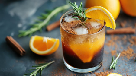 A close-up of iced Americano black coffee with citrus layers of orange and lemon juice, topped with rosemary and cinnamon, perfect for a refreshing drink shot.の素材