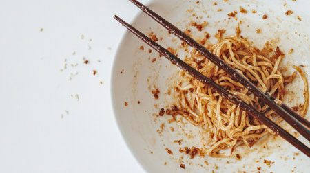 A close-up of a dirty dish with the remnants of fried noodles and chopsticks, isolated on a white background after eating.の素材