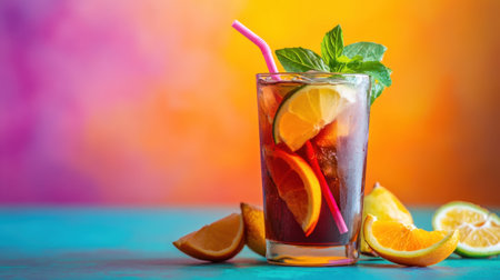 A chilled glass of mixed fruit iced tea, served with colorful fruit slices, placed against a bold and lively color gradient background.の素材