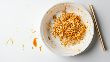 A close-up of a dirty dish with fried noodle remnants and chopsticks on the side, isolated against a plain white background.の素材