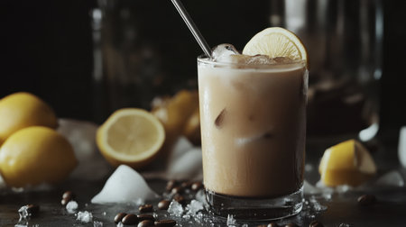A creative scene with iced coffee lemonade, served with a metal straw, lemon garnish, and a dark, dramatic backdrop.の素材