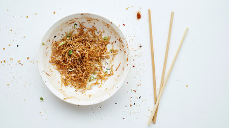 A close-up of a dirty dish with fried noodle remnants and chopsticks on the side, isolated against a plain white background.の素材