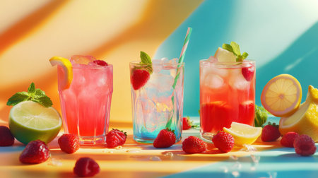 A fun and colorful spread of four drinks blue lagoon with lemon and raspberries, margarita with lime, strawberry daiquiri with strawberries, and iced tea with mint, captured on a bright background.の素材