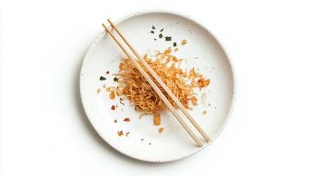 A dirty plate with fried noodle scraps and chopsticks, isolated on a white background, highlighting the remnants of a meal.の素材