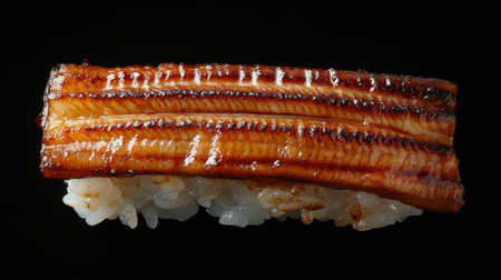 A delicious piece of Anago sushi with soft, grilled eel placed on vinegared rice, placed against a deep black background to highlight the colors.の素材