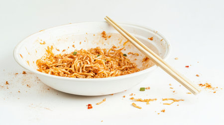 A close-up of a dirty dish with fried noodle remnants, with chopsticks left on the side, isolated on a white background.の素材