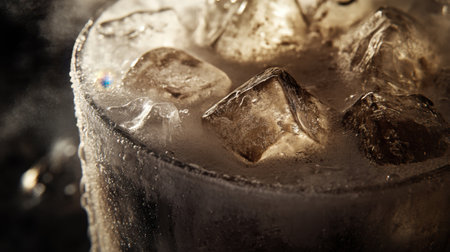 A dramatic close-up of iced coffee lemonade in a frosted glass, with ice cubes glistening under moody lighting.の素材