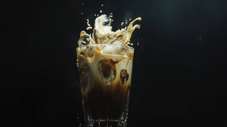 A chilled glass of iced coffee with ice, garnished with a swirl of cream, set against a deep black background to create a dramatic effect.の素材